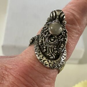 Intricate Sterling Silver Dragon Ring with white  Moonstone